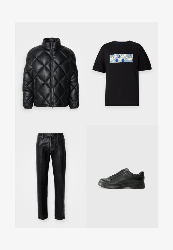 Black quilted puffer jacket with high collar, front zipper, and zippered side pockets, made of smooth shiny material.; Black cotton t-shirt featuring a rectangular graphic in blue and cream with circular patterns and doodles, designed for a relaxed fit.; Black denim jeans with a straight-leg design, featuring a button closure, front pockets, and a subtle texture. No visible patterns or accents.; Black leather sneaker with textured upper, padded collar, and red logo detail. Features a thick rubber sole with distinct tread pattern.