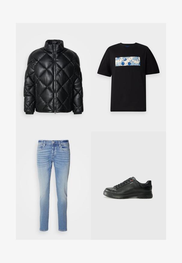 Zwarte gewatteerde pufferjack met hoge kraag, ritssluiting aan de voorkant en ritstas aan de zijkanten, gemaakt van glad, glanzend materiaal.; Zwarte katoenen t-shirt met een rechthoekige grafiek in blauw en crèmekleur met cirkelvormige patronen en krabbels, ontworpen voor een relaxte pasvorm.; Scotch & Soda RALSTON - Slim fit jeans - freshen up dark; Zwarte leren sneaker met een gestructureerde bovenkant, gevoerde kraag en rode logo-details. Heeft een dikke rubberen zool met een opvallend loopvlakpatroon.