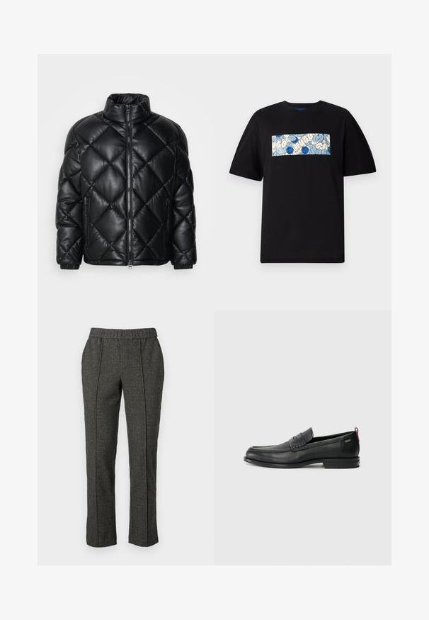 Sort quiltet pufferjakke med høj krave, frontlynlås og lynlåslommer i siden, lavet af glat, blankt materiale.; Sort bomulds t-shirt med en rektangulær grafik i blå og creme med cirkulære mønstre og doodles, designet til en afslappet pasform.; Grå skræddersyede bukser med en struktureret stof, der har en elastisk talje, lige ben og detaljer med forkant.; Sorte læder loafers med en tekstureret frontpanel og glatte sider. Har en slank hæl og en bageste løkke til nem påtagning. Klassisk design.