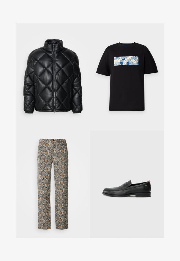 Svart quiltet pufferjakke med høy krage, frontglidelås og glidelåslommer på sidene, laget av glatt, skinnende materiale.; Svart bomull t-skjorte med et rektangulært grafisk element i blått og kremfarge, med sirkulære mønstre og doodles, designet for en avslappet passform.; Blomstrete bukser i beige, svart og oransje. Laget av lett stoff, med rett snitt og knappestenging.; Svarte lær loafers med teksturert frontpanel og glatte sider. Har en slank hæl og bakløkke for enkel påkledning. Klassisk design.