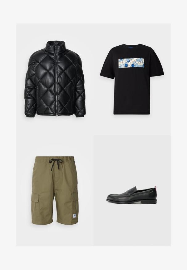 Doudoune noire matelassée avec col haut, fermeture éclair sur le devant et poches latérales zippées, fabriquée en matériau lisse et brillant.; T-shirt en coton noir avec un graphique rectangulaire en bleu et crème, présentant des motifs circulaires et des gribouillis, conçu pour une coupe décontractée.; Shorts cargo vert olive en tissu léger, dotés d'une taille élastique avec cordon de serrage et de poches cargo latérales.; Mocassins en cuir noir avec un panneau avant texturé et des côtés lisses. Équipés d'un talon fin et d'une boucle à l'arrière pour un enfilage facile. Design classique.