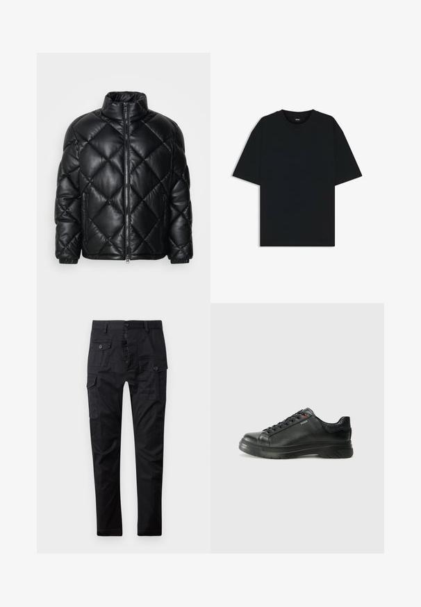Svart quiltad pufferjacka med hög krage, framzipper och sidofickor med dragkedja, tillverkad av glatt glänsande material.; Svart bomullströja med rund hals och korta ärmar. Har en lös passform och en enkel design utan mönster eller accenter.; Svarta cargobyxor tillverkade av slitstarkt tyg, med flera fickor, knappgylf och rak bendesign. Slät textur och matt finish.; Svart lädersneaker med texturerad ovandel, vadderat krage och röd logotypdetalj. Utrustad med en tjock gummisula med distinkt mönster.
