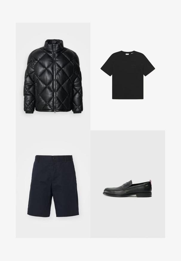 Mustat tikattu pusakka, jossa on korkea kaulus, etuvetoketju ja vetskarilla varustetut sivutaskut. Valmistettu sileästä kiiltävästä materiaalista.; Musta puuvillapaita pyöreällä kaula-aukolla ja lyhyillä hihoilla. Etupuolella on hillitty tekstilogo. Pehmeä rakenne ja rento malli.; Mustat puuvillashortsit, joissa on tasainen etuosa, sivutaskut, nappisulku ja suora lahje. Ei näkyviä kuvioita tai korostuksia.; Musta nahkakengät, joissa on teksturoitu etupaneeli ja sileät sivut. Varustettu kapealla kantapäillä ja takasilmukalla helppoa pukemista varten. Klassinen muotoilu.