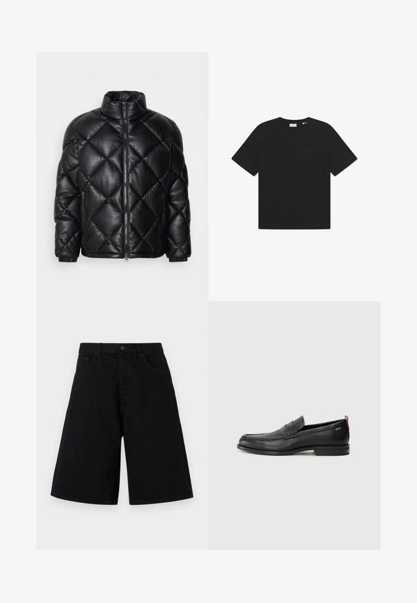 Čierna prešívaná zateplená bunda s vysokým golierom, predným zipsom a zipsovými bočnými vreckami, vyrobená z hladkého lesklého materiálu.; Čierne bavlnené tričko s okrúhlym výstrihom a krátkymi rukávmi. Na prednej strane sa nachádza jemný textový logo. Mäkká textúra a voľný strih.; Čierne riflové šortky s voľným strihom, ktoré majú klasický dizajn s piatimi vreckami a zapínaním na gombík, hladkú štruktúru a rovný strih nohy.; Čierne kožené mokasíny s textúrovaným predným panelom a hladkými bokmi. Majú úzky podpätok a zadný pútko pre jednoduché obúvanie. Klasický dizajn.