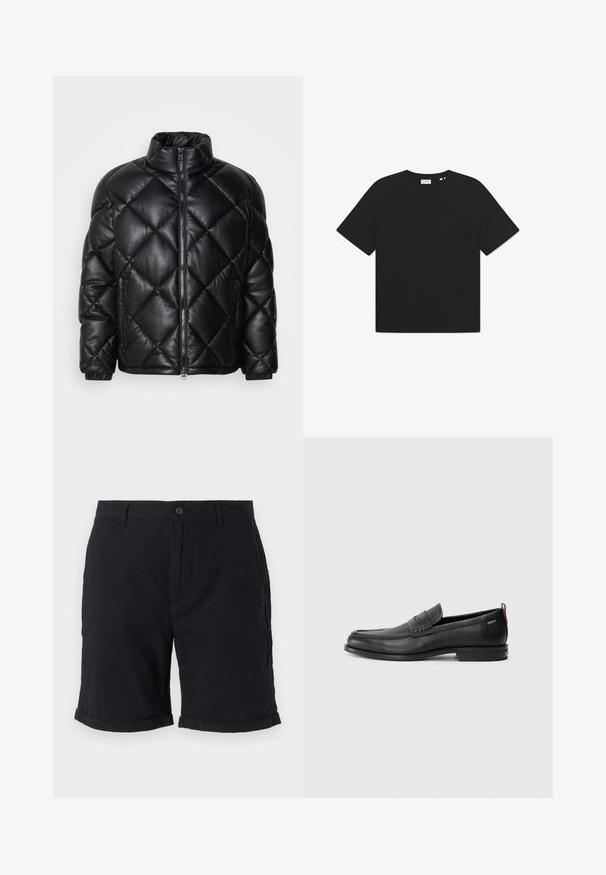 Jachetă puf cu model matlasat, de culoare neagră, cu guler înalt, fermoar frontal și buzunare laterale cu fermoar, realizată dintr-un material lucios și neted.; Tricou negru din bumbac, cu guler rotund și mâneci scurte. Prezentă un logo discret pe față. Textură moale și croială lejeră.; Pantaloni scurți negri din in, cu închidere prin buton, având tivuri rulate și buzunare laterale, oferind un finisaj texturat și un design casual.; Loafers din piele neagră cu un panou frontal texturat și laterale netede. Dispune de un toc subțire și o buclă în spate pentru o purtare ușoară. Design clasic.
