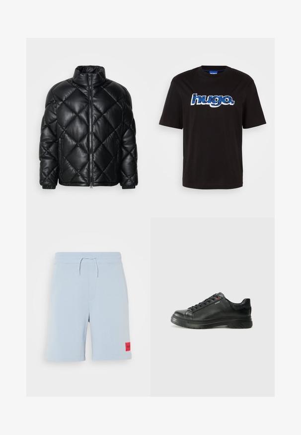 Czarna pikowana kurtka puchowa z wysokim kołnierzem, z przodu na zamek i zamykanymi kieszeniami po bokach, wykonana z gładkiego, błyszczącego materiału.; Czarna bawełniana koszulka z krótkim rękawem z logo "hugo." w niebieskim kolorze z wzorzystym motywem. Okrągły dekolt.; Jasnoniebieskie szorty bawełniane z elastycznym paskiem w talii i sznurkiem, z czerwoną naszywką po lewej stronie. Gładka tekstura.; Czarne skórzane sneakersy z teksturowaną cholewką, miękkim kołnierzem i czerwonym logo. Posiadają grubą gumową podeszwę z wyraźnym wzorem bieżnika.