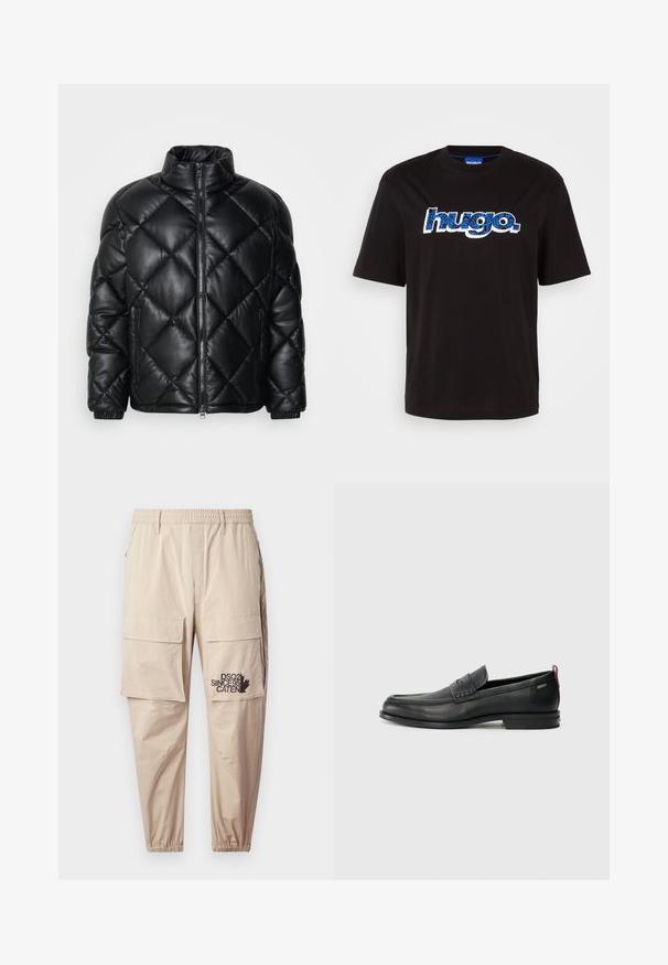 Črna prešita jakna s kapuco, z visokim ovratnikom, sprednjim zadrgo in stranskimi žepi z zadrgo, izdelana iz gladkega sijajnega materiala.; Črna bombažna majica s kratkimi rokavi, ki ima modro "hugo." logo z vzorčnim dizajnom in okroglim izrezom.; Bež hlače cargo iz lahkega materiala, z elastičnim pasom, z zadrgo in natisnjenim logotipom na levi nogi.; Črne usnjene loafer čevlje z teksturiranim sprednjim delom in gladkimi stranmi. Imajo ozko peto in zadnji zanko za enostavno obuvanje. Klasična zasnova.