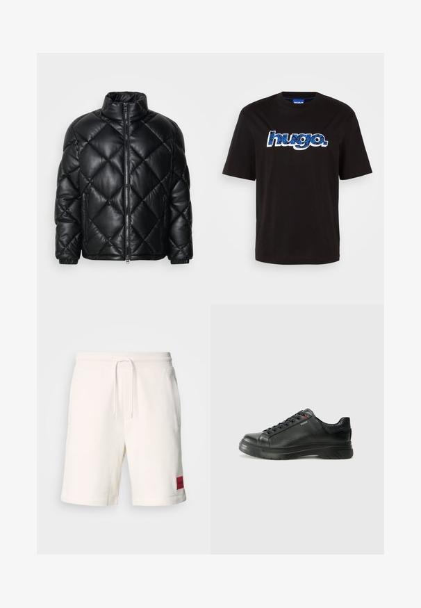 Svart quiltet pufferjakke med høy krage, frontglidelås og glidelåslommer på sidene, laget av glatt, skinnende materiale.; Svart bomullst-skjorte med "hugo." logo i blått med et mønsterdesign. Korte ermer og rund hals.; Kremfargede bomullsshorts med elastisk midje, snor og sidelommer. Har en rød merkepute på venstre lår.; Svarte lærsneakers med teksturert overdel, polstret krage og rød logodetalj. Har en tykk gummisåle med tydelig mønster.