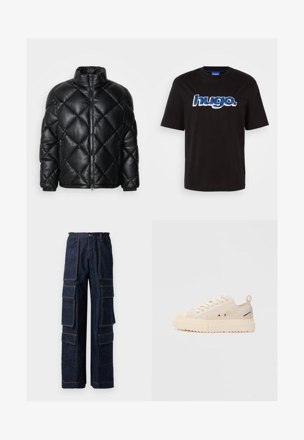 Black quilted puffer jacket with high collar, front zipper, and zippered side pockets, made of smooth shiny material.; Black cotton t-shirt featuring "hugo." logo in blue with a patterned design. Short sleeves and a crew neckline.; Navy denim cargo pants with multiple large pockets, elastic waistband, and contrasting orange stitching. Wide-leg design for a relaxed fit.; Beige canvas sneakers with a round toe, lace-up design, and a textured rubber sole. Features small ventilation holes and a heel tab.