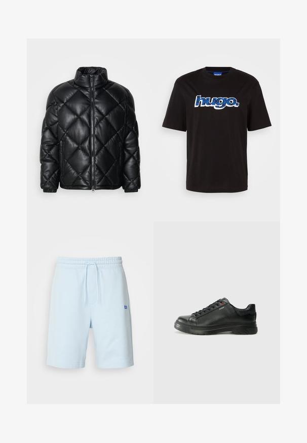 Svart quiltet pufferjakke med høy krage, frontglidelås og glidelåslommer på sidene, laget av glatt, skinnende materiale.; Svart bomullst-skjorte med "hugo." logo i blått med et mønsterdesign. Korte ermer og rund hals.; Lys blå bomullsshorts med elastisk midje og snor. Har sidelommer og en liten blå logo foran.; Svarte lærsneakers med teksturert overdel, polstret krage og rød logodetalj. Har en tykk gummisåle med tydelig mønster.