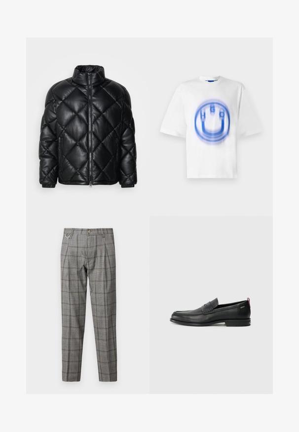 Crna jakna od pošivene pufaste tkanine s visokim ovratnikom, prednjim zatvaračem i zatvorenim bočnim džepovima, izrađena od glatkog sjajnog materijala.; Bijela pamučna majica s plavim grafičkim dizajnom slova "HUGO" i kružnim oblikom, s laganim zamućenim učinkom.; Sive karirane hlače s prilagođenim krojem, s prednjim zatvaranjem na dugme, plitkim naborima, bočnim džepovima i metalnim detaljem u obliku petlje.; Crne kožne loafere s teksturiranim prednjim panelom i glatkim stranama. Imaju uski petu i stražnju petlju za lakše obuvanje. Klasičan dizajn.