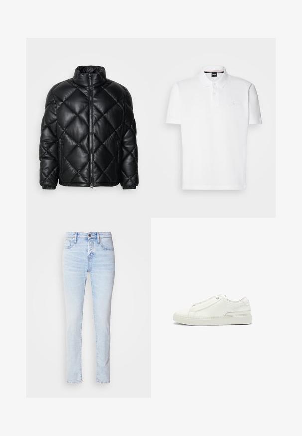 Zwarte gewatteerde pufferjack met hoge kraag, ritssluiting aan de voorkant en ritstas aan de zijkanten, gemaakt van glad, glanzend materiaal.; Witte polo shirt gemaakt van een katoen-polyester combinatie, met een kraag, twee-knoop sluiting en een subtiele geborduurde logo op de borst.; Lichtblauwe denim jeans met een slim fit, vijfvakdesign en een knoopsluiting. Voorzien van een lichte vervaging en een rechte pijpuitsnede.; Witte leren sneaker met een gestructureerde bovenkant, een ronde neus, minimalistisch ontwerp en een rubberen zool met gestikte details.