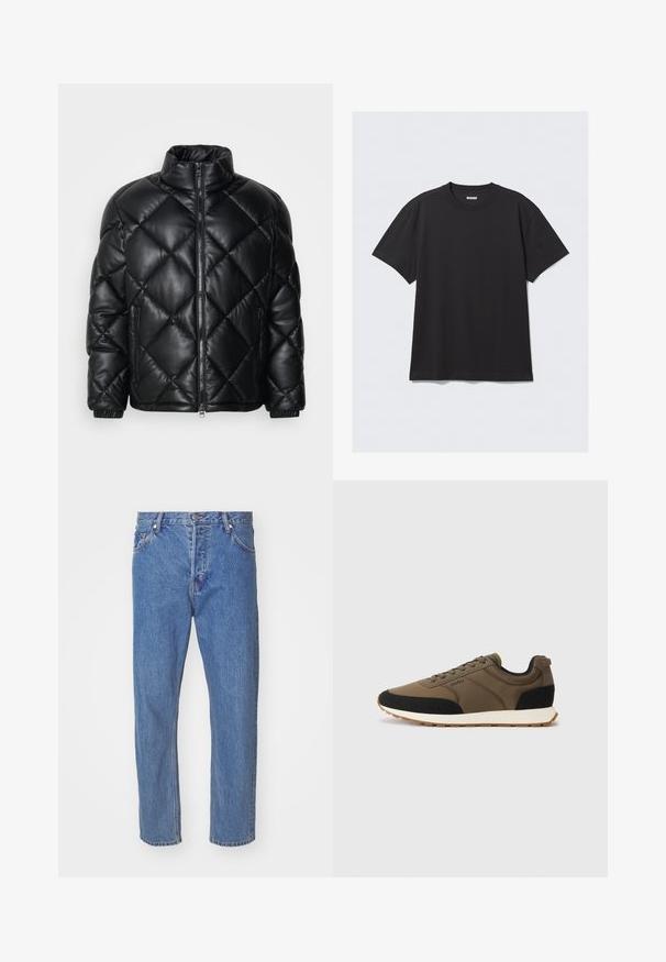 Sort quiltet pufferjakke med høj krave, frontlynlås og lynlåslommer i siden, lavet af glat, blankt materiale.; Sort kortærmet t-shirt lavet af bomuld. Har en rund halsudskæring og en afslappet pasform. Enkel design uden synlige mønstre eller accenter.; Blå denim jeans med lige ben-design, der har en lynlåsgylp, fem lommer og subtile slidser. Klassisk mellemhøj talje.; Herresneakers med en blanding af olivengrøn og sorte syntetiske materialer, strukturerede paneler og en hvid gummisål med trækmønster.
