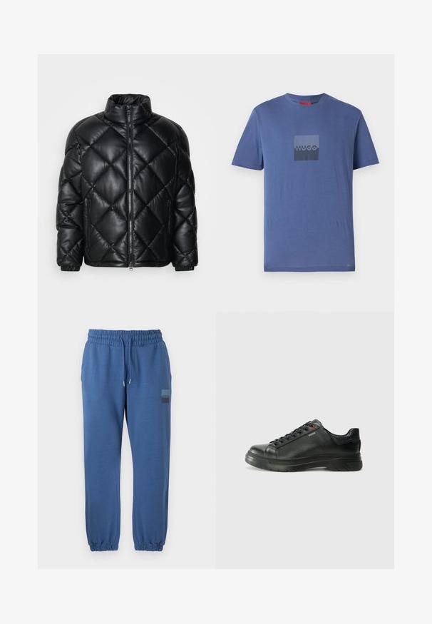 Čierna prešívaná zateplená bunda s vysokým golierom, predným zipsom a zipsovými bočnými vreckami, vyrobená z hladkého lesklého materiálu.; Modrá tričko vyrobené z jemnej bavlny, s štvorcovým logom v tmavošedej farbe s textom "HUGO" uprostred, krátke rukávy a kruhový výstrih.; Modré teplákové nohavice vyrobené z mäkkého materiálu, s elastickým pásom, sťahovacou šnúrkou a elastickými manžetami. Obsahujú nášivku loga na stehne.; Čierna kožená teniska s textúrovaným vrchom, polstrovaným golierom a červeným logom. Obsahuje hrubú gumovú podrážku s výrazným vzorom.
