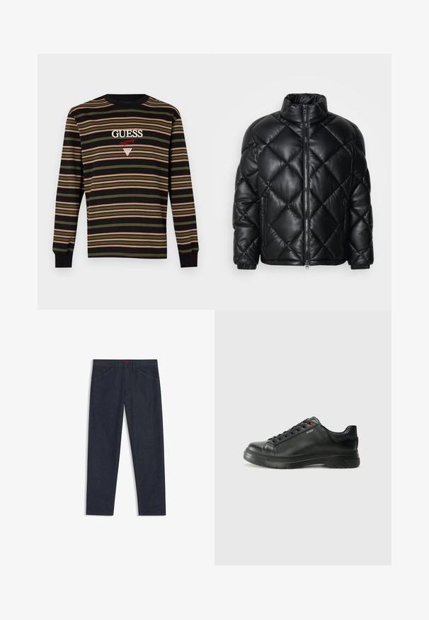 Black quilted puffer jacket with high collar, front zipper, and zippered side pockets, made of smooth shiny material.; Black long-sleeve shirt with multicolor horizontal stripes in green, pink, and beige. Features "GUESS" logo in white and red embroidery.; Dark blue denim jeans with a straight-leg design, five pockets, subtle stitching, and a red brand tag on the waistband.; Black leather sneaker with textured upper, padded collar, and red logo detail. Features a thick rubber sole with distinct tread pattern.