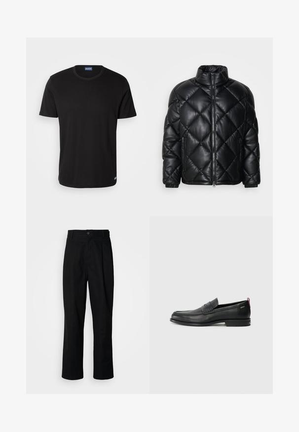 Black quilted puffer jacket with high collar, front zipper, and zippered side pockets, made of smooth shiny material.; Black short-sleeve t-shirt made from cotton, featuring a round neckline and a small logo tag at the hem. Smooth texture, regular fit.; Black straight-leg trousers with a buttoned waistband, belt loops, and front crease, displayed against a plain white background.; Black leather loafers with a textured front panel and smooth sides. Features a slim heel and rear loop for easy wear. Classic design.