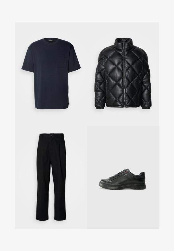 Mustmust koonusjakk kõrge kraega, esiküljel lukuga ja külgedel lukuga taskud, valmistatud siledast siidisest materjalist.; Tumesinine lühikeste varrukatega T-särk, mis on valmistatud pehmest puuvillast. Omab rinna taskut ja lõdva istuvusega siluetti, millel on kumer äär. Klassikaline ümmargune kaelus.; Mustad sirged püksid nuppudega vöökoht, vöölõngad ja eesmine voldik, esitatud lihtsa valge tausta ees.; Must musta tennis, mille tekstuuriga pealis, pehmendatud krae ja punane logo detail. Omab paksu kummist tallat, millel on selge tallamuster.