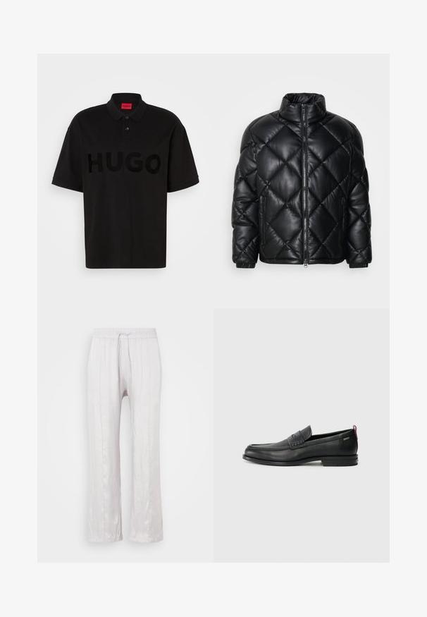 Černá prošívaná péřová bunda s vysokým límcem, předním zipem a kapsami na zip na bocích, vyrobená z hladkého lesklého materiálu.; Černé polo tričko vyrobené z bavlny, s velkým, tónovým logem "HUGO" na přední straně, límcem na dva knoflíky a krátkými rukávy.; Světle šedé, volné kalhoty z hladké látky s elastickým pasem a šňůrkou na stažení. Rovné nohavice s jemnými záhyby, bez viditelných vzorů.; Černé kožené mokasíny s texturovaným předním panelem a hladkými stranami. Mají štíhlý podpatek a zadní poutko pro snadné obouvání. Klasický design.