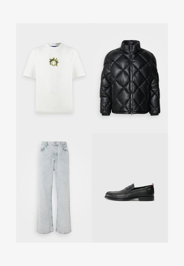 Juodas kvadratinis pūkų paltas su aukštu apykakle, priekiniais užtrauktukais ir užtrauktukinėmis šoninėmis kišenėmis, pagamintas iš lygaus blizgaus medžiagos.; Balta medvilninė marškinė su grafika, vaizduojančia besišypsančią saulę su spygliuotais spinduliais ir „HGO“ tekstu, apvaliu kaklu, laisvu siluetu, trumpomis rankovėmis.; Šviesiai mėlynos džinsinės plačios kelnės su aukštu liemeniu, su mygtukų užsegimu, penkiomis kišenėmis ir subtiliu nudėvėtu raštu.; Juodi odiniai loafersai su tekstūruotu priekinės dalies panele ir lygiomis šoninėmis dalimis. Yra plonas kulnas ir užpakalinė kilpa patogiam užsidėjimui. Klasikinis dizainas.