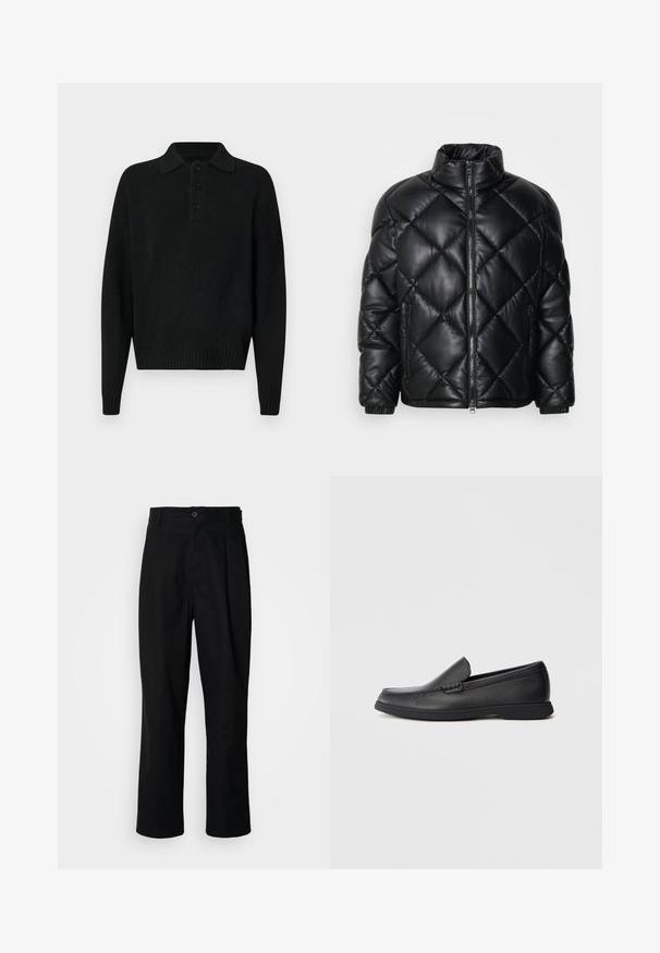 Schwarze gesteppte Puffjacke mit hohem Kragen, Frontreißverschluss und seitlichen Reißverschlusstaschen, aus glattem, glänzendem Material gefertigt.; Schwarzer langer Strickpullover mit Kragen und drei Knöpfen auf der Brust, gerippte Bündchen und Saum, auf einem weißen Hintergrund präsentiert.; Schwarze gerade geschnittene Hosen mit einem Knopfverschluss, Gürtelschlaufen und Vorderfalten, vor einem schlichten weißen Hintergrund präsentiert.; Schwarze Leder Slipper mit strukturiertem Obermaterial, runder Zehenform, niedrigem Absatz und Gummisohle, seitlich auf weißem Hintergrund abgebildet.