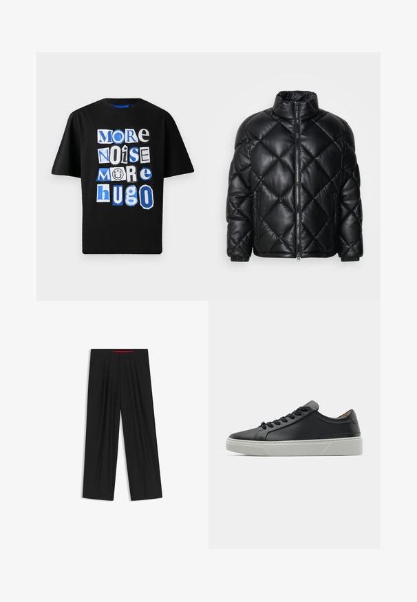 Black quilted puffer jacket with high collar, front zipper, and zippered side pockets, made of smooth shiny material.; Black cotton t-shirt featuring bold graphic text in various fonts and shades of blue and white, arranged playfully across the front.; Black wide-leg trousers with a flat front, two side pockets, pleated design, and a contrasting red interior waistband.; Black leather sneaker with a smooth texture, round toe, and black laces. Features a thick, white rubber sole with subtle geometric accents.