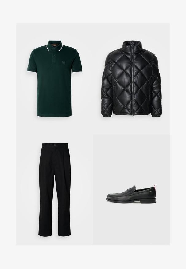 Čierna prešívaná zateplená bunda s vysokým golierom, predným zipsom a zipsovými bočnými vreckami, vyrobená z hladkého lesklého materiálu.; Tmavozelené polo tričko vyrobené z bavlny. Vybavené dvoma gombíkmi na zapínanie, bielymi akcentmi na golieri a rukávoch a logom na hrudi.; Čierne nohavice s rovnými nohavicami, s gombíkovým pásom, pútkami na opasok a predným záhybom, vystavené na jednoduchej bielej pozadí.; Čierne kožené mokasíny s textúrovaným predným panelom a hladkými bokmi. Majú úzky podpätok a zadný pútko pre jednoduché obúvanie. Klasický dizajn.