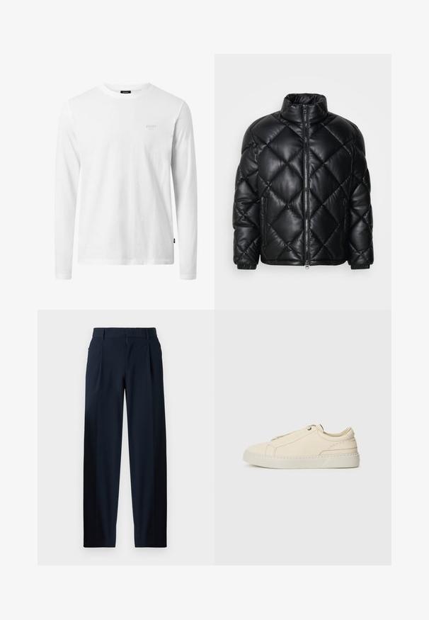 Čierna prešívaná zateplená bunda s vysokým golierom, predným zipsom a zipsovými bočnými vreckami, vyrobená z hladkého lesklého materiálu.; Biele tričko s dlhým rukávom vyrobené z bavlny, s okrúhlym výstrihom, jemnou textúrou a nenápadným logom na hrudi. Jednoduchý, klasický dizajn.; Námornícke modré nohavice s hladkou textúrou, širokým strihom, prednými záhybmi, pútkami na opasok a zipsovým zapínaním. Vhodné na formálne aj neformálne nosenie.; Beige kožené tenisky s okrúhlou špičkou, minimalistickým dizajnom, jemnými švy a textúrovaným povrchom, na svetlej podrážke.
