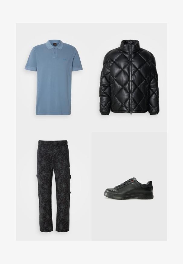 Svart quiltet pufferjakke med høy krage, frontglidelås og glidelåslommer på sidene, laget av glatt, skinnende materiale.; Lyseblå kortermet polo-skjorte med to-knapps krage, kragehals og en liten preget logo på brystet. Glatt bomullsstoff.; Cargo bukser i sort stof med et spindelvævsmønster i mørkegrå; har sidelommer og en afslappet pasform med lige ben.; Svarte lærsneakers med teksturert overdel, polstret krage og rød logodetalj. Har en tykk gummisåle med tydelig mønster.