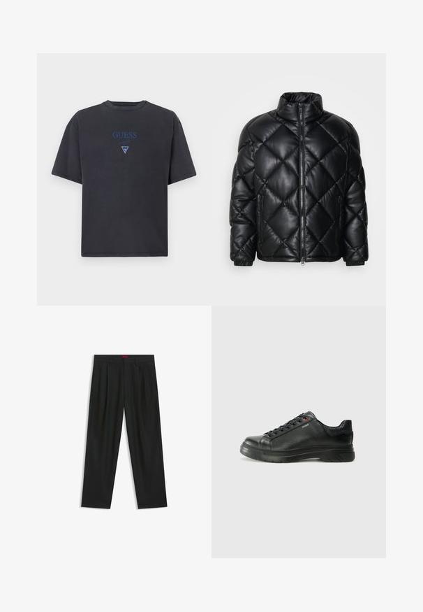 Chaqueta de plumas acolchada negra con cuello alto, cremallera frontal y bolsillos laterales con cremallera, hecha de un material suave y brillante.; Camiseta de color gris oscuro hecha de algodón, con cuello redondo y mangas cortas. Logo bordado en azul de "GUESS" y acento triangular en el centro.; Pantalones negros con diseño plisado, forma de pierna ancha y textura suave. Presenta una etiqueta de cintura roja.; Zapatilla negra de cuero con parte superior texturizada, cuello acolchado y detalle del logo en rojo. Presenta una suela de goma gruesa con un patrón de relieve distintivo.