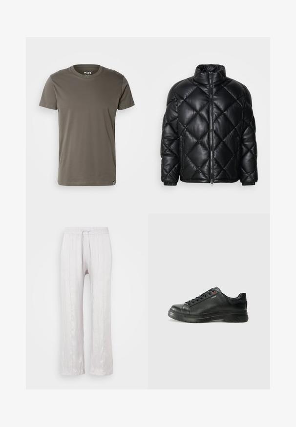 Melnā kviltēta pūkā žakete ar augstu apkakli, priekšējo rāvējslēdzi un rāvējslēdzēja sānu kabatām, izgatavota no gludas, spīdīgas materiāla.; Mads Nørgaard THOR TEE - Pamata T-krekls - beluga; Gaiši pelēkas, brīva piegriezuma bikses gludā audumā ar elastīgu jostasvietu un auklu. Taisnas kājas ar smalkām krokām, bez redzamām rakstām.; Melnas ādas sporta kedas ar teksturētu virsu, mīkstinātu apmalu un sarkanu logotipa detaļu. Iezīmējas ar biezu gumijas zoli ar izteiktu rakstu.