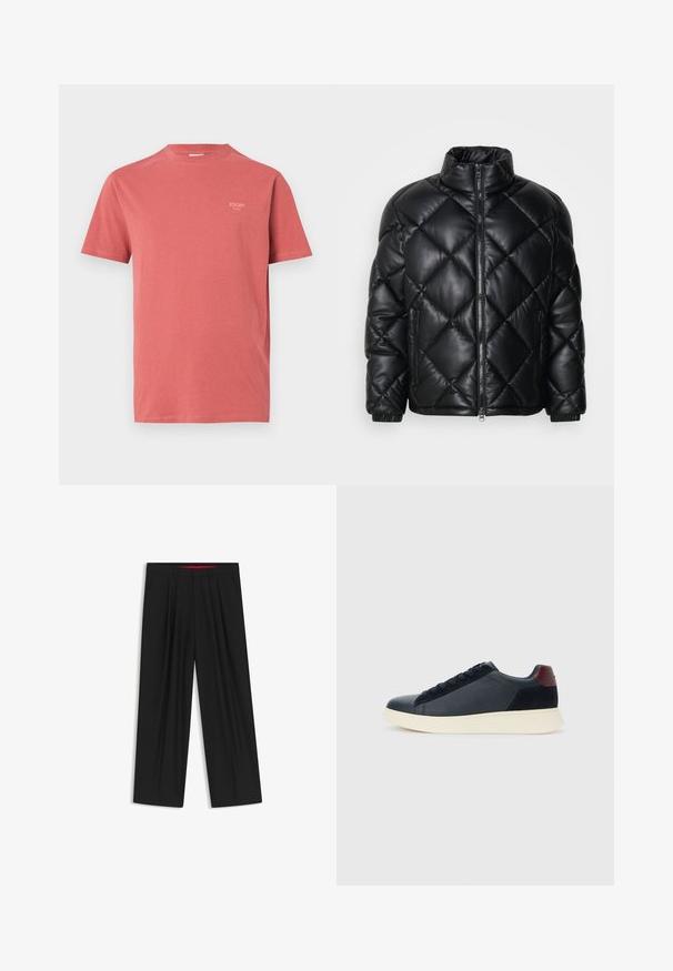 Sort quiltet pufferjakke med høj krave, frontlynlås og lynlåslommer i siden, lavet af glat, blankt materiale.; Rød bomulds t-shirt med korte ærmer og rund halsudskæring, med et lille brandlogo på venstre bryst. Glat tekstur.; Sorte brede bukser med flad front, to sidelommer, plisseret design og en kontrastfarvet rød inderside på linningen.; Lave herresneakers i sort læder og ruskind med maroon hælflap og hvid gummisål, set fra ydersiden.