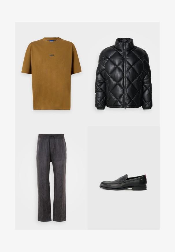 Melnā kviltēta pūkā žakete ar augstu apkakli, priekšējo rāvējslēdzi un rāvējslēdzēja sānu kabatām, izgatavota no gludas, spīdīgas materiāla.; Brūns, īsām piedurknēm, apaļo kakla T-krekls, izgatavots no kokvilnas. Priekšpusē ir neliela melna logotipa uzšuve ar tekstu "HUGO".; Melnas bikses, kas izgatavotas no mīksta auduma ar gludu tekstūru, aprīkotas ar elastīgu jostu un auklu, platām kājām un sānu šuvēm.; Melni ādas loafers, ar teksturētu priekšējo paneli un gludām malām. Ar šauru papēdi un aizmugurējo cilpu vieglai uzlikšanai. Klasisks dizains.