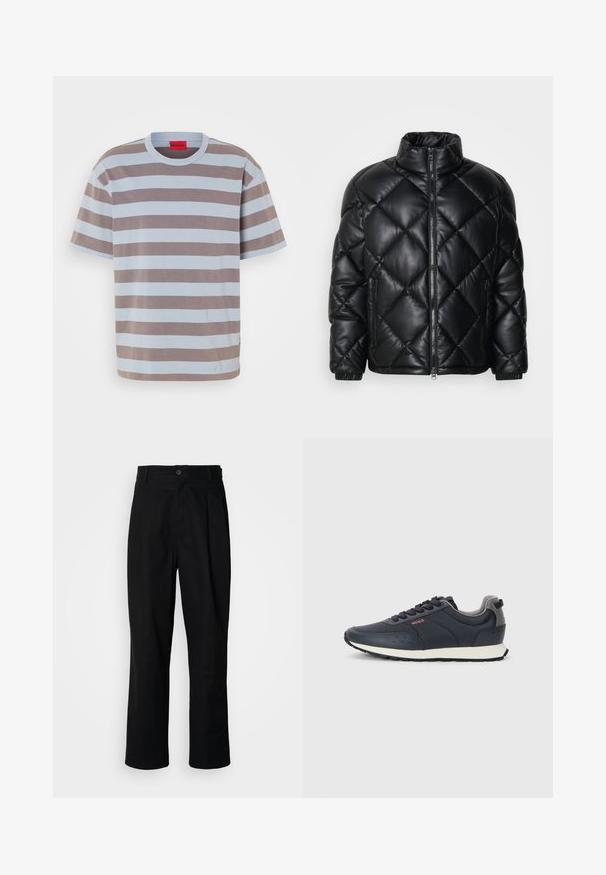 Black quilted puffer jacket with high collar, front zipper, and zippered side pockets, made of smooth shiny material.; Striped t-shirt in light blue and brown, made of cotton. Features a round neckline and a small logo embossed in the center front.; Black straight-leg trousers with a buttoned waistband, belt loops, and front crease, displayed against a plain white background.; Navy blue sneakers with a smooth synthetic upper, rounded toe, gray accents, lace-up design, and a white midsole with a textured black outsole.