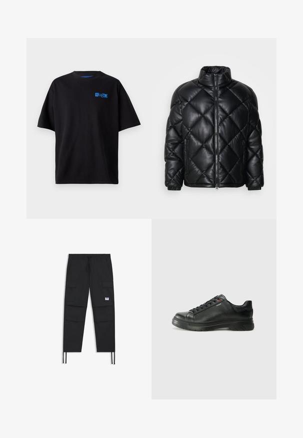 Svart quiltet pufferjakke med høy krage, frontglidelås og glidelåslommer på sidene, laget av glatt, skinnende materiale.; Svart bomull T-skjorte med en avslappet passform, med et blått "Hug" logo på brystet, rund hals og kortermede ermer. Enkelt design.; Svarte cargo-bukser med snøring i midjen, flere lommer, elastiske mansjetter og et diskret logo-merke. Laget av lett stoff.; Svarte lærsneakers med teksturert overdel, polstret krage og rød logodetalj. Har en tykk gummisåle med tydelig mønster.