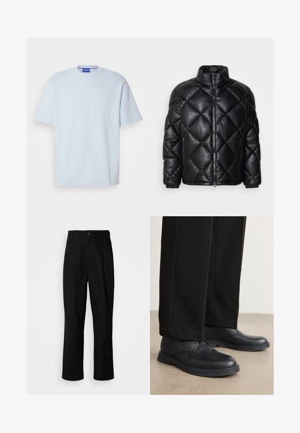 Sort quiltet pufferjakke med høj krave, frontlynlås og lynlåslommer i siden, lavet af glat, blankt materiale.; Lyseblå, ribbet t-shirt med rund hals og korte ærmer. Har en almindelig pasform og en diskret logoakcent på kanten.; Sorte lige ben bukser med en knaplukket talje, bæltestropper og en frontfold, præsenteret mod en ensfarvet hvid baggrund.; Sorte lædersko med rund tå, flad sål og minimal udsmykning. Sammen med skræddersyede sorte bukser, der viser en glat tekstur.