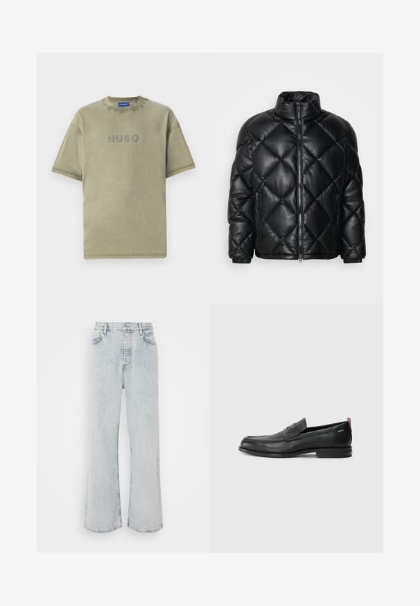Juodas kvadratinis pūkų paltas su aukštu apykakle, priekiniais užtrauktukais ir užtrauktukinėmis šoninėmis kišenėmis, pagamintas iš lygaus blizgaus medžiagos.; Olive spalvos medvilnės marškinėliai su trumpomis rankovėmis, apvaliu kaklu ir iškilniu "HUGO" logotipu priekyje. Subtili tekstūra ir švarios linijos.; Šviesiai mėlynos džinsinės plačios kelnės su aukštu liemeniu, su mygtukų užsegimu, penkiomis kišenėmis ir subtiliu nudėvėtu raštu.; Juodi odiniai loafersai su tekstūruotu priekinės dalies panele ir lygiomis šoninėmis dalimis. Yra plonas kulnas ir užpakalinė kilpa patogiam užsidėjimui. Klasikinis dizainas.