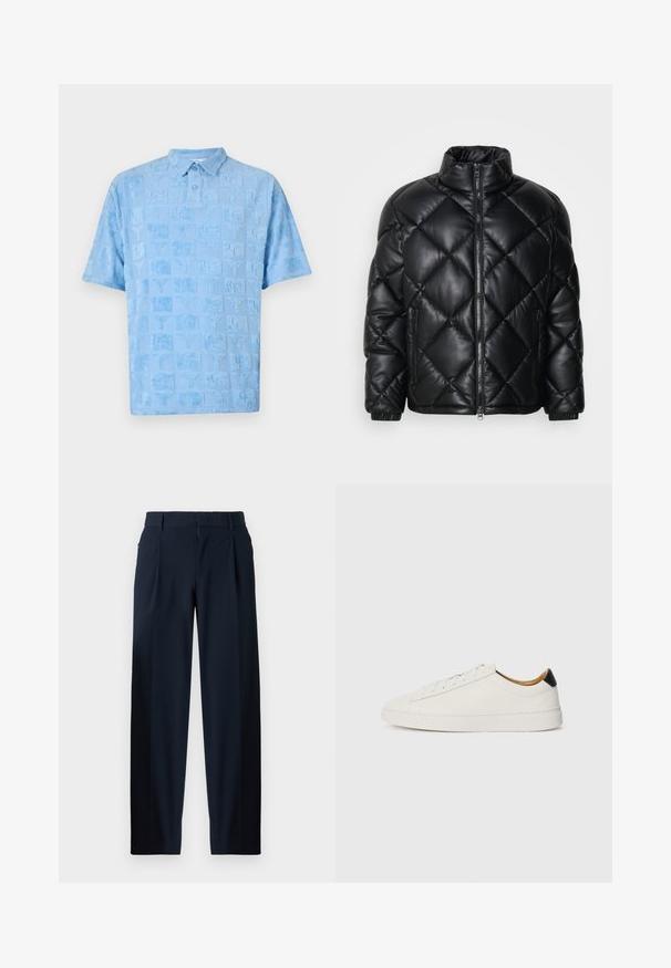 Svart quiltet pufferjakke med høy krage, frontglidelås og glidelåslommer på sidene, laget av glatt, skinnende materiale.; Lys blå polo-skjorte med korte ermer, med et teksturert mønster av firkanter og abstrakte design i et svakt hevet fløyelsaktig stoff.; Mørkeblå bukser med en glat overflade, vide ben, forkantplisseringer, bæltestropper og lynlås. Velegnet til både formelle og afslappede anledninger.; Hvit sneaker med et glatt skinnoverside, rund tå og flat såle. Svart detalj ved hælen, med ton-i-ton snøring og minimal merkevare.