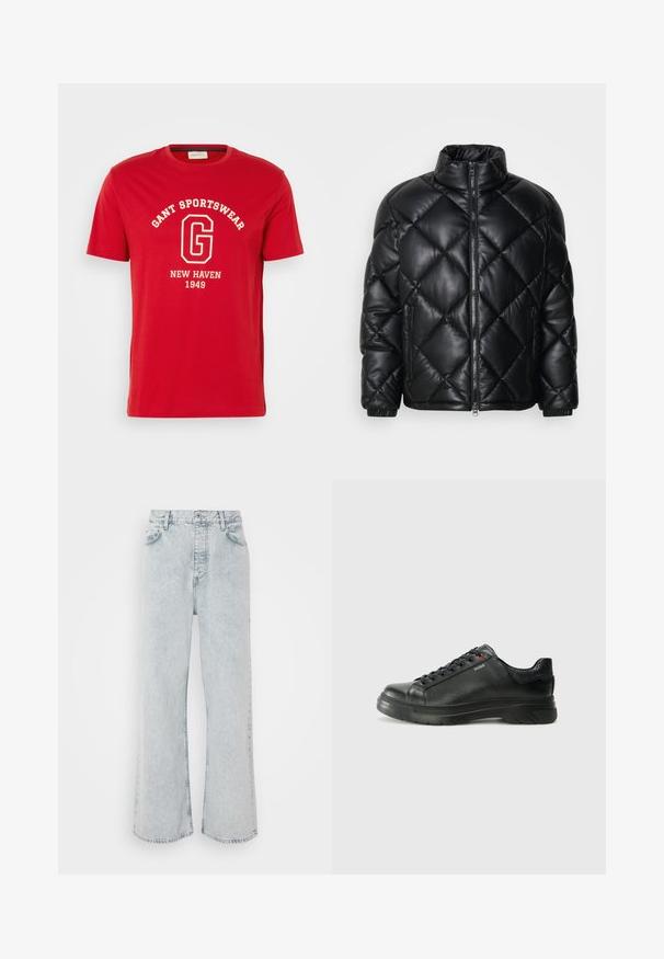Čierna prešívaná zateplená bunda s vysokým golierom, predným zipsom a zipsovými bočnými vreckami, vyrobená z hladkého lesklého materiálu.; Červené tričko s krátkym rukávom vyrobené z bavlny, s bielym textovým potlačou "GANT SPORTSWEAR" a "NEW HAVEN 1949" v klasickom písme.; Svetlomodré široké džínsy s vysokým pásom, vybavené zapínaním na gombík, piatimi vreckami a jemne vyblednutou štruktúrou.; Čierna kožená teniska s textúrovaným vrchom, polstrovaným golierom a červeným logom. Obsahuje hrubú gumovú podrážku s výrazným vzorom.