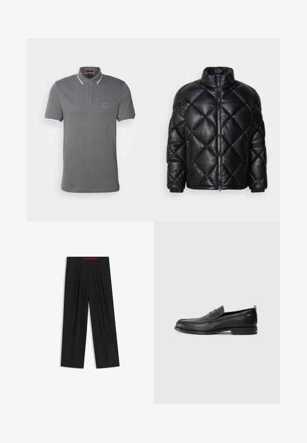 Mustat tikattu pusakka, jossa on korkea kaulus, etuvetoketju ja vetskarilla varustetut sivutaskut. Valmistettu sileästä kiiltävästä materiaalista.; BOSS PASSERTIP - Pikeepaita - dark grey; Musta leveälahkeinen housu, jossa on litteä etuosa, kaksi sivupistettä, laskostettu muotoilu ja kontrastivärinen punainen vyötärön sisäosa.; Musta nahkakengät, joissa on teksturoitu etupaneeli ja sileät sivut. Varustettu kapealla kantapäillä ja takasilmukalla helppoa pukemista varten. Klassinen muotoilu.