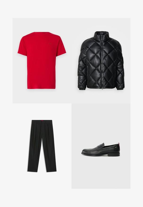Black quilted puffer jacket with high collar, front zipper, and zippered side pockets, made of smooth shiny material.; Red crew-neck T-shirt, short sleeves, cotton fabric, smooth texture, featuring a small, black logo print on the upper back.; Black trousers with a pleated design, wide leg shape, and a smooth texture. Features a red waistband tag.; Black leather loafers with a textured front panel and smooth sides. Features a slim heel and rear loop for easy wear. Classic design.