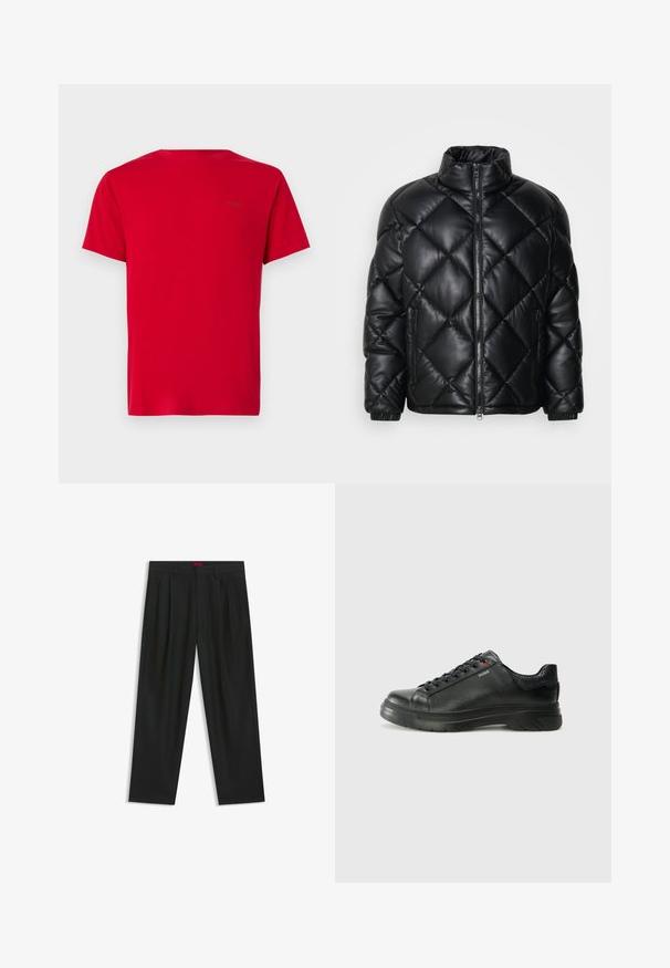 Black quilted puffer jacket with high collar, front zipper, and zippered side pockets, made of smooth shiny material.; Red crew-neck T-shirt, short sleeves, cotton fabric, smooth texture, featuring a small, black logo print on the upper back.; Black trousers with a pleated design, wide leg shape, and a smooth texture. Features a red waistband tag.; Black leather sneaker with textured upper, padded collar, and red logo detail. Features a thick rubber sole with distinct tread pattern.