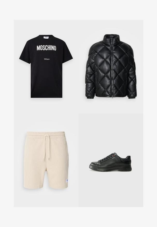 Črna prešita jakna s kapuco, z visokim ovratnikom, sprednjim zadrgo in stranskimi žepi z zadrgo, izdelana iz gladkega sijajnega materiala.; Črna bombažna majica s kratkimi rokavi, okrogel izrez, ravnim spodnjim robom in belim napisom "MOSCHINO" ter besedilom "Milano". Enostavna zasnova.; Kratke hlače v kremni barvi iz teksturiranega materiala. Imajo elastičen pas s vrvico in stranske žepke. Na robu je majhna oznaka.; Črne usnjene superge z teksturiranim zgornjim delom, podloženim ovratnikom in rdečim logotipom. Imajo debel gumijast podplat z izrazitim vzorcem.