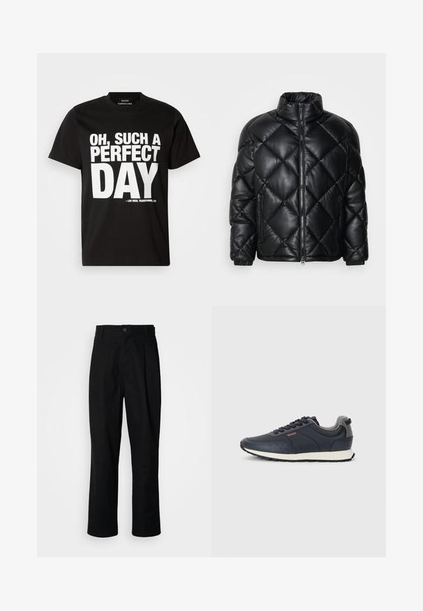 Casaquinho puffer preto, acolchoado, com colarinho alto, fecho frontal com zíper e bolsos laterais com zíper, feito de um material liso e brilhante.; T-shirt preto de manga curta, feito de algodão, apresentando um texto branco em destaque: "OH, QUÃO PERFEITO ÉSTE DIA" com referência ao álbum de Lou Reed.; Calças pretas de perna reta com uma cintura abotoada, passantes para cinto e vinco frontal, expostas contra um fundo branco liso.; Ténis azul-marinho com um cabedal sintético liso, bico arredondado, detalhes em cinza, design de atacadores e uma entressola branca com uma sola exterior texturizada em preto.