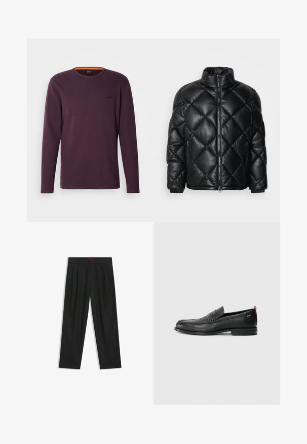 Black quilted puffer jacket with high collar, front zipper, and zippered side pockets, made of smooth shiny material.; Long-sleeve crew neck shirt in deep purple with a ribbed texture. Features an orange accent at the collar and a small logo on the chest.; Black trousers with a pleated design, wide leg shape, and a smooth texture. Features a red waistband tag.; Black leather loafers with a textured front panel and smooth sides. Features a slim heel and rear loop for easy wear. Classic design.