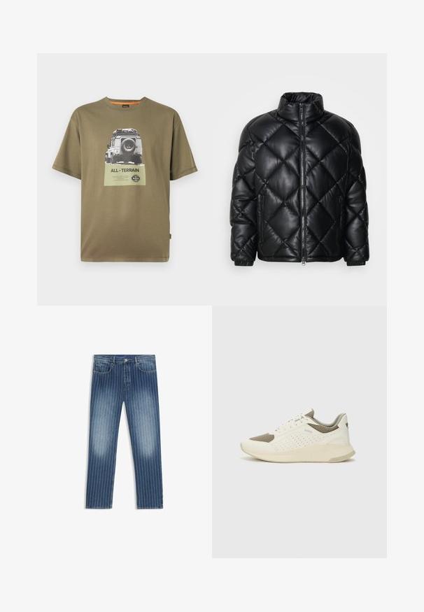 Mustmust koonusjakk kõrge kraega, esiküljel lukuga ja külgedel lukuga taskud, valmistatud siledast siidisest materjalist.; Roheline puuvillane t-särk lühikeste varrukatega, millel on graafiline trükk sõidukist ja tekst "ALL-TERRAIN" ruudukujulisel plaastril.; Denim teksad, millel on peenriba mustriga keskmise sinise värviga, pleekinud osadega, sirge jala lõige, viis taskut ja metallne nupuvajutus.; Valge ja heledat beeži värvi spordijalats, millel on õhuke võrkmaterjal, perforatsioonidega detailid ning tekstuuriga vahetald, millel on brändi logo kannaosas.