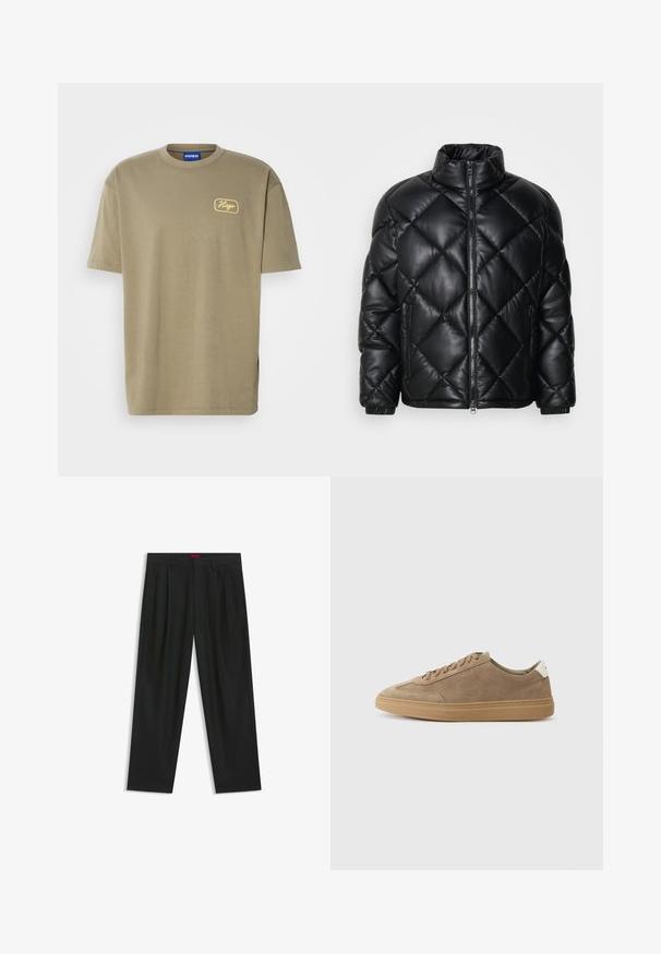 Svart quiltad pufferjacka med hög krage, framzipper och sidofickor med dragkedja, tillverkad av glatt glänsande material.; Olivgrön T-shirt i bomull, med rund hals och korta ärmar, prydd med en broderad gul "Hugo"-logotyp på vänster bröst.; Svarta byxor med vikta detaljer, bred benform och en slät textur. Har en röd midjebandsetikett.; Suvädsneakers i ljusbrun med gummisula. Har snörningsdesign och en minimalistisk stil, accentuerad av en vit hälflik.