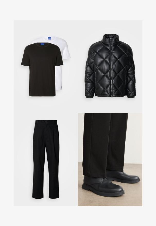 Mustat tikattu pusakka, jossa on korkea kaulus, etuvetoketju ja vetskarilla varustetut sivutaskut. Valmistettu sileästä kiiltävästä materiaalista.; Kaksi t-paitaa, yksi musta ja yksi valkoinen, valmistettu puuvillasta. Molemmissa on pyöreä kaula-aukko ja kauluksessa sininen logo.; Mustat suorat housut napillisella vyötäröllä, vyölenkeillä ja etukaanneksilla, esitelty vaaleaa taustaa vasten.; Mustat nahkakengät, joissa on pyöreä kärki, litteä pohja ja minimaalinen koristelu. Yhdistettyihin korkealaatuisesti tehtyihin mustiin housuihin, jotka näyttävät sileiltä.