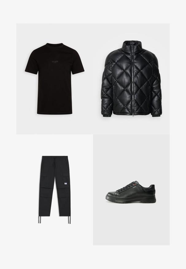 Black quilted puffer jacket with high collar, front zipper, and zippered side pockets, made of smooth shiny material.; Black short-sleeve t-shirt made of cotton, featuring a crew neckline and front chest logo with "GUESS EST. 1981" in a subtle design.; Black cargo pants featuring a drawstring waist, multiple pockets, elastic cuff, and a subtle logo patch. Made from lightweight fabric.; Black leather sneaker with textured upper, padded collar, and red logo detail. Features a thick rubber sole with distinct tread pattern.