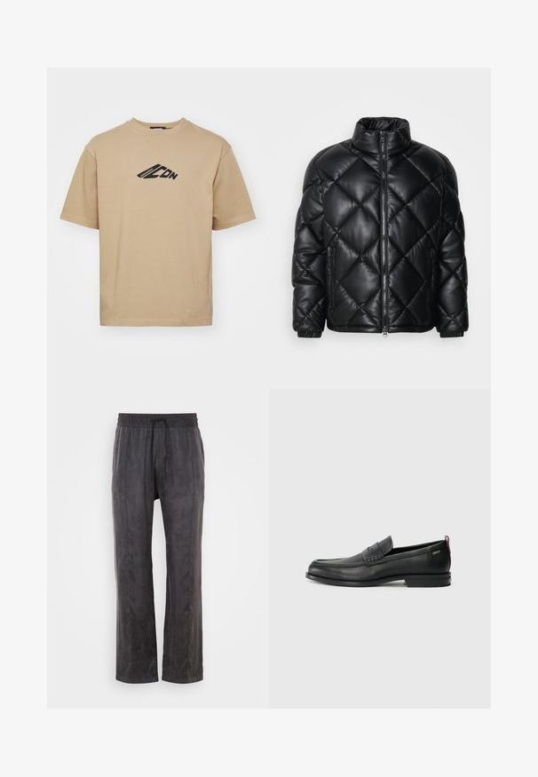 Svart quiltet pufferjakke med høy krage, frontglidelås og glidelåslommer på sidene, laget av glatt, skinnende materiale.; Beige t-skjorte laget av bomull, med rund hals og korte ermer. Svart grafisk design på brystet med merkeinskripsjon.; Svart bukser laget av myk stoff med en jevn tekstur, med elastisk midjebånd og snøring, vide ben og sidesømmer.; Svarte lær loafers med teksturert frontpanel og glatte sider. Har en slank hæl og bakløkke for enkel påkledning. Klassisk design.