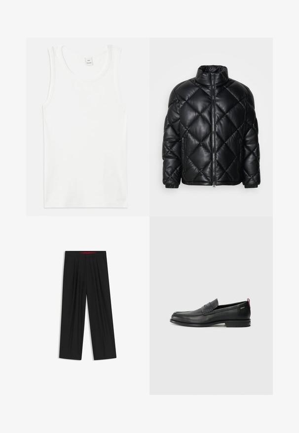 Black quilted puffer jacket with high collar, front zipper, and zippered side pockets, made of smooth shiny material.; White cotton tank top with a crew neckline and sleeveless design. Smooth texture and straight cut, lacking patterns or embellishments.; Black wide-leg trousers with a flat front, two side pockets, pleated design, and a contrasting red interior waistband.; Black leather loafers with a textured front panel and smooth sides. Features a slim heel and rear loop for easy wear. Classic design.